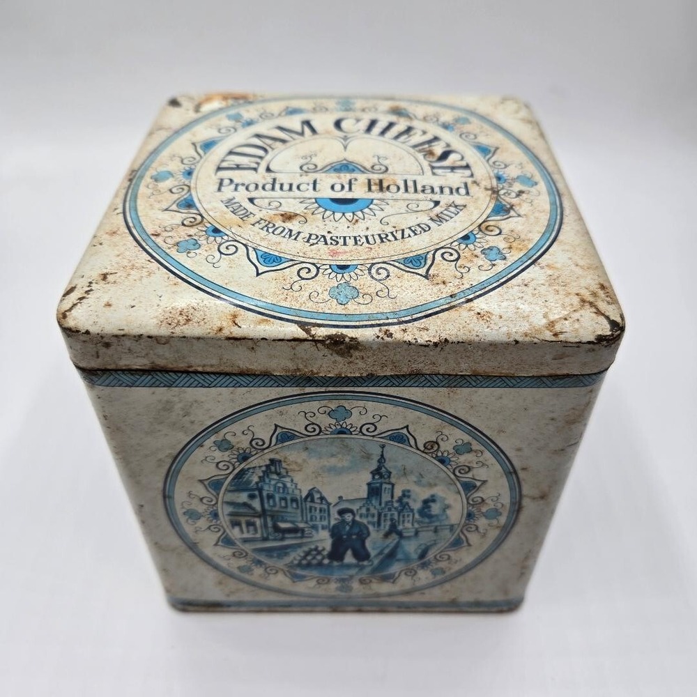 Rare Vintage Dutch Edam Cheese Blue/White Metal Tin from Holland